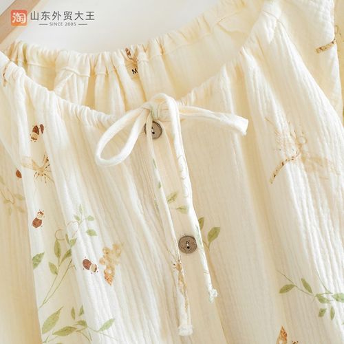 长袖蕾丝花边吊带三件套睡衣女纯棉纱布全棉春秋夏季X薄款家居服