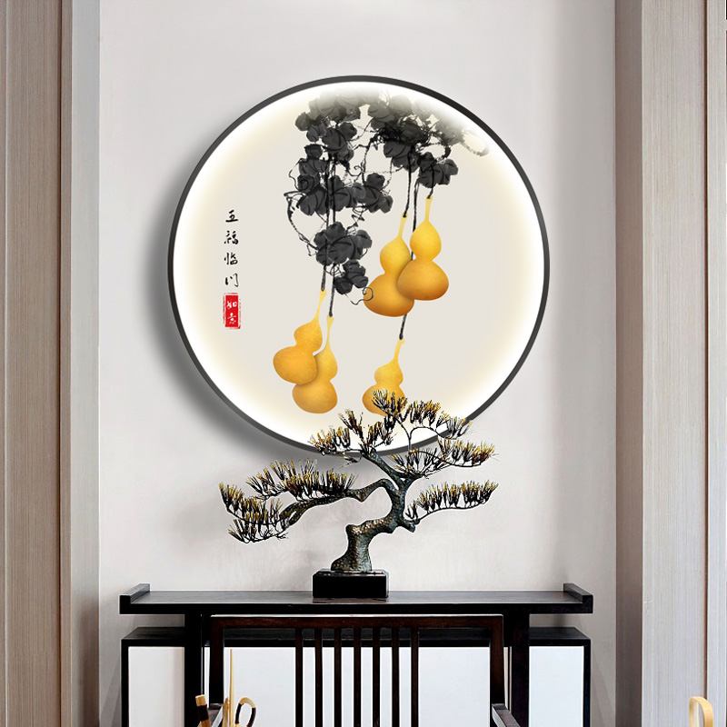 新中式玄关带灯装饰画茶室t书房走廊五福临门挂画 圆形葫芦LED灯
