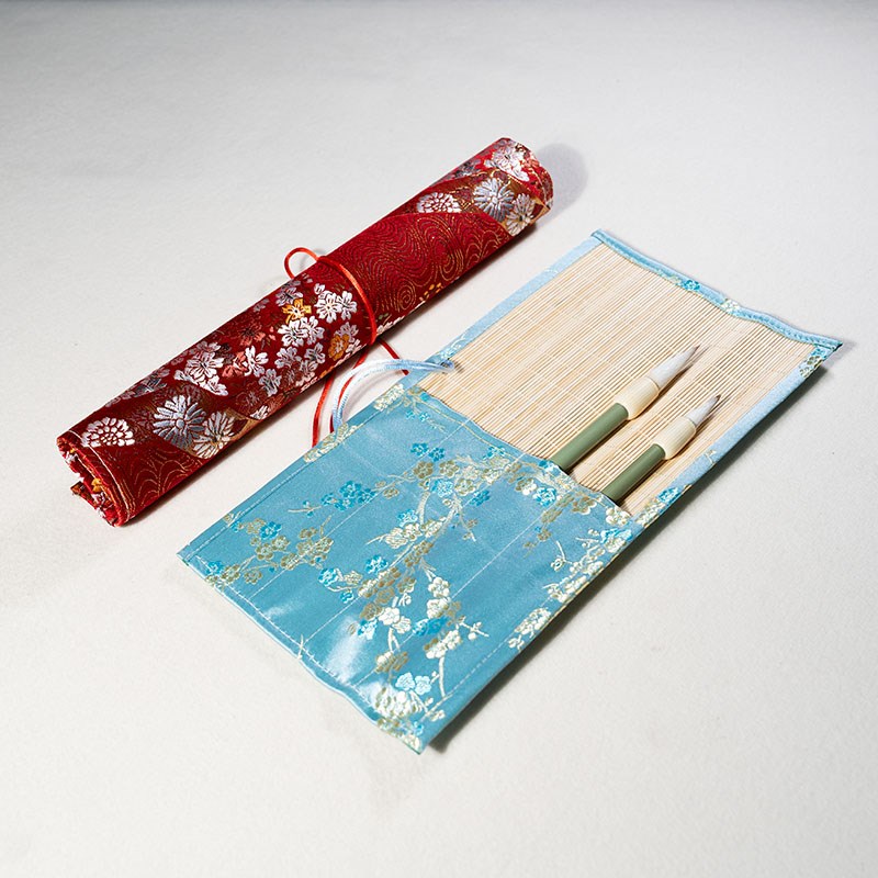 国画书法笔帘毛笔专用q小号卷笔袋便携古风竹收纳透气袋金丝绸缎