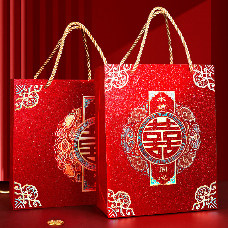 高档红手提袋结婚纸袋回礼大号喜糖袋子婚庆用Q品伴手礼个性礼品