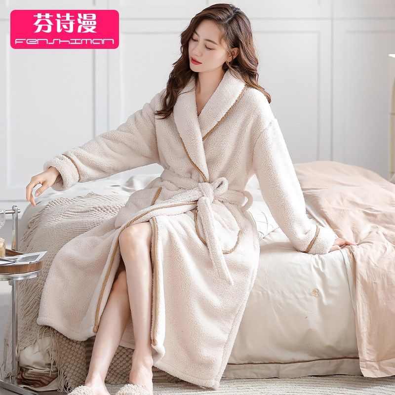 睡袍女冬季珊瑚h绒加厚加绒长款浴袍女款睡衣秋冬款法兰绒成人浴