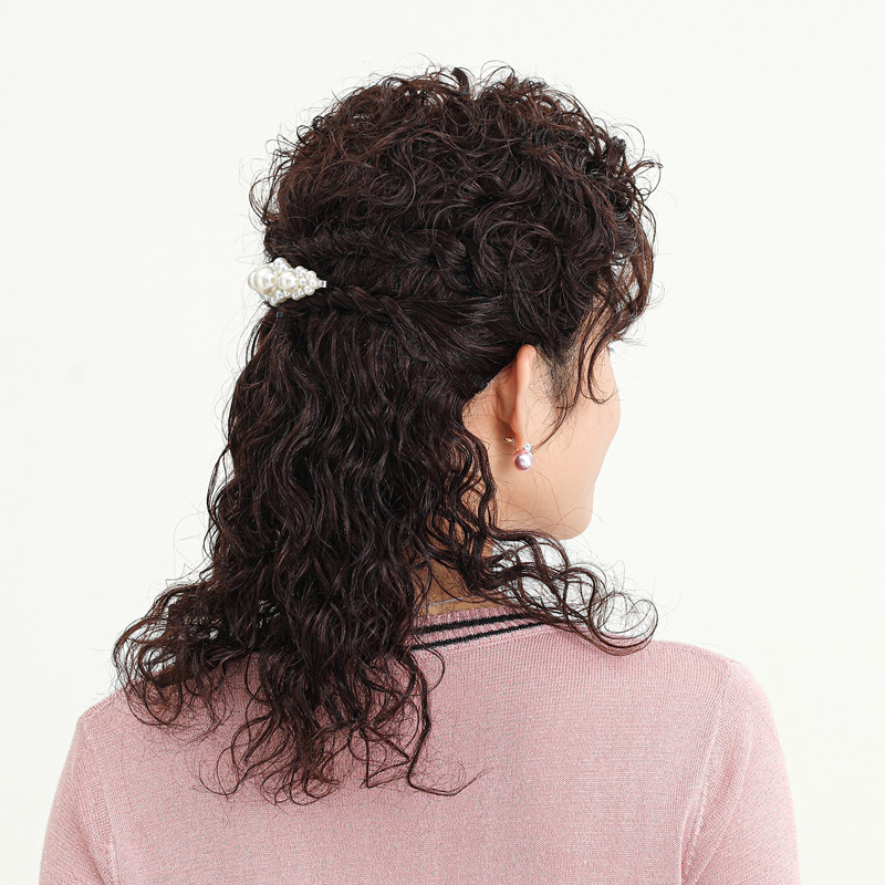 假发女长发中长卷发真人发丝v中老年妈妈发型羊毛卷半扎可盘发假