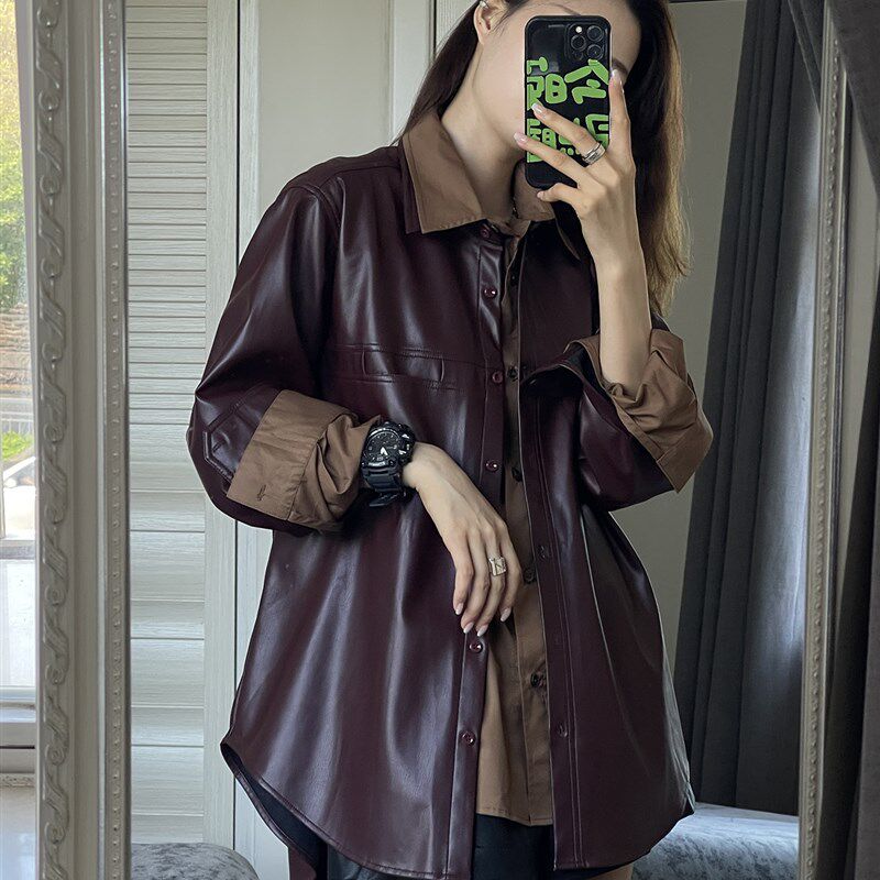 葡萄紫PU皮衣外套l女2024秋季新款复古机车夹克休闲百搭衬衫上衣