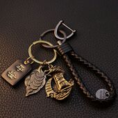 黄铜钥匙扣挂件貔貅葫芦q汽车钥匙链男士 礼 腰挂高档皮绳创意个性