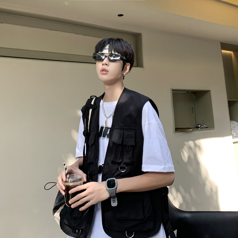 夏季潮新款个性原宿风纯色国潮机能背E心bf多口袋休闲开衫工装马,男装,背心,淘宝优惠券,粉丝福利购,淘宝优惠卷