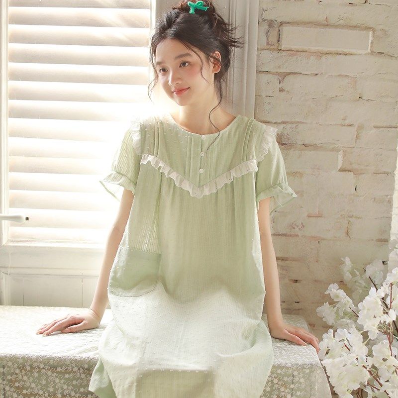 2025年夏季i新款睡裙女纯棉纱布甜美少女短袖裙子全棉宽松家居服