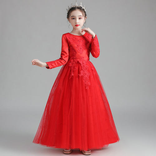 春秋冬长款儿童婚纱裙公主裙女z童连衣裙蓬蓬长裙花童礼服表演出
