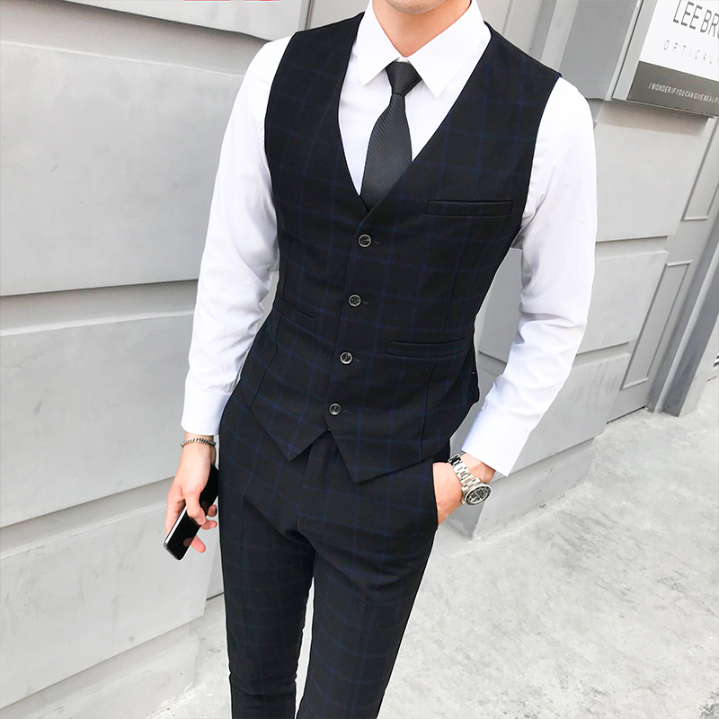 男士三件套西装j修身衬衫发型师格子裤子韩版潮西服套装马甲男伴