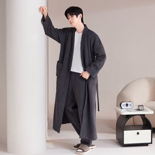 睡袍男秋冬款珊瑚绒家居服u加绒加厚珊瑚绒睡衣男大码晨袍保暖长
