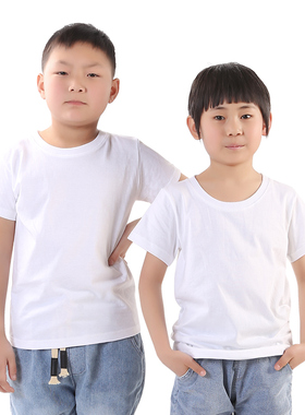儿童精梳纯棉圆领白色T恤手绘扎染短袖班服园服DIY印T字图定制LOG