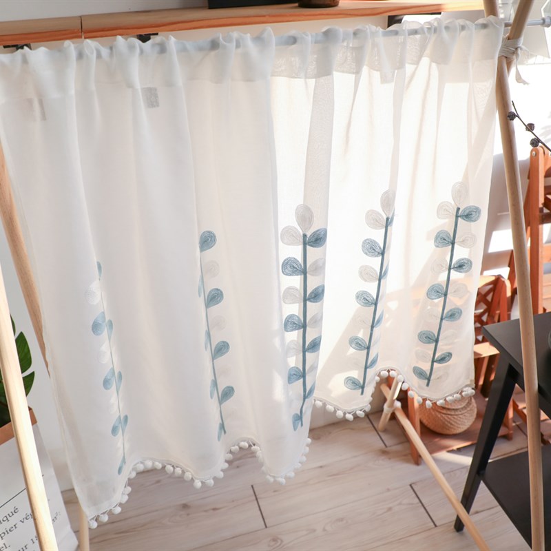 门帘半帘柜帘清新绣花q叶子隔断帘遮丑帘简约百搭短帘洗衣机厨房