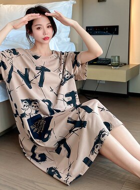 夏季胖mbm大码睡裙200斤女纯棉宽松圆领短袖连体睡衣家居裙可外穿