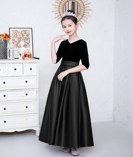 包邮秋冬季女孩黑色丝绒长袖钢琴B小提琴表演服管乐团合唱演出主