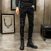 牛仔拼接骑行皮裤 冬季 修身 皮裤 男加M绒加厚帅气机车小脚 黑色男士