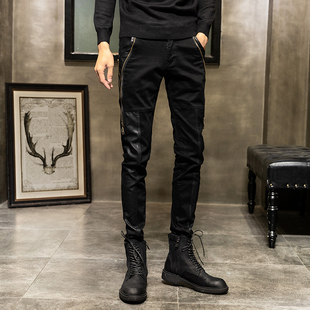 牛仔拼接骑行皮裤 冬季 修身 皮裤 男加M绒加厚帅气机车小脚 黑色男士