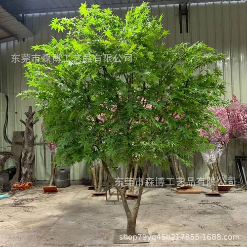 仿真真木杆绿枫叶小树 玻璃钢大红枫树酒店商场软装落地摆件假树