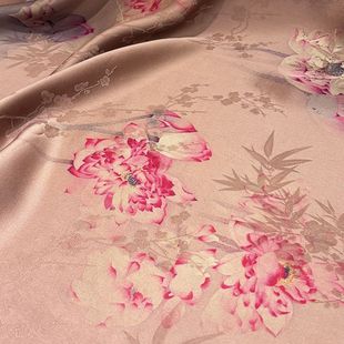 夕岚粉缎面香云纱面料新中式 连衣裙布料提花牡丹花型 国风旗袍衬衫