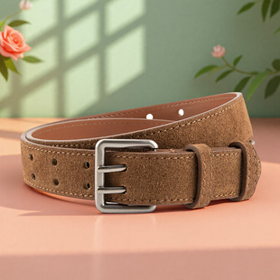 双排扣孔磨砂绒面牛皮翻毛皮棕色宽腰带女士2025新款 真皮复古皮带