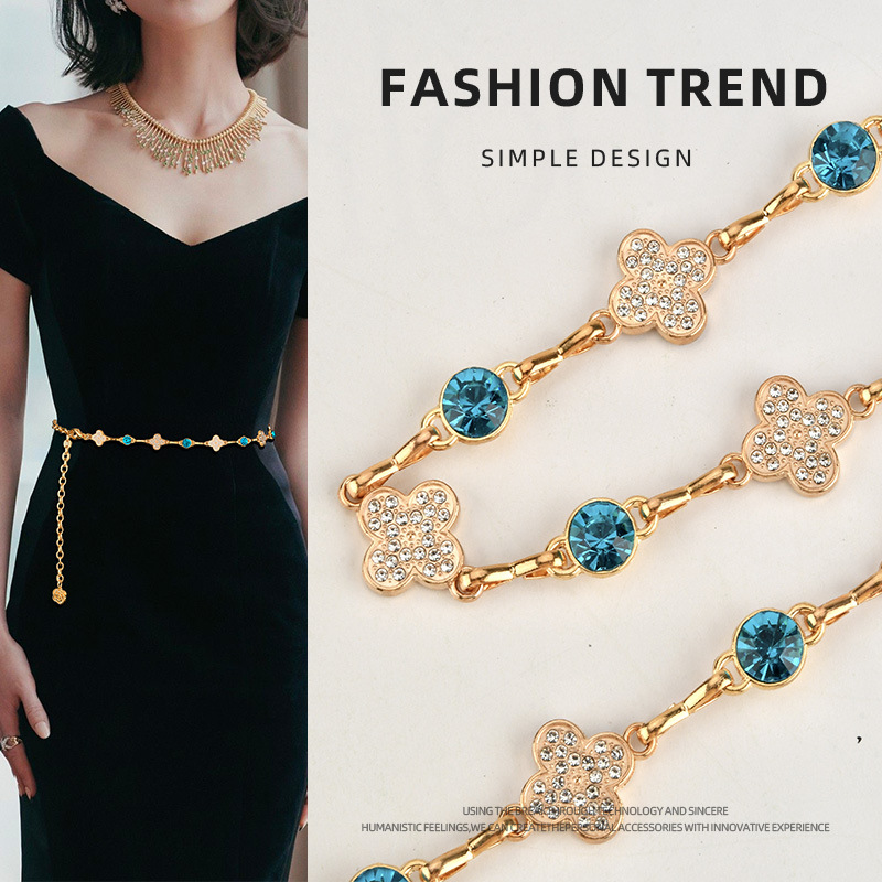 四叶草小香风链条腰带金色水钻腰链配裙子衬衫旗袍收腰轻奢高级感