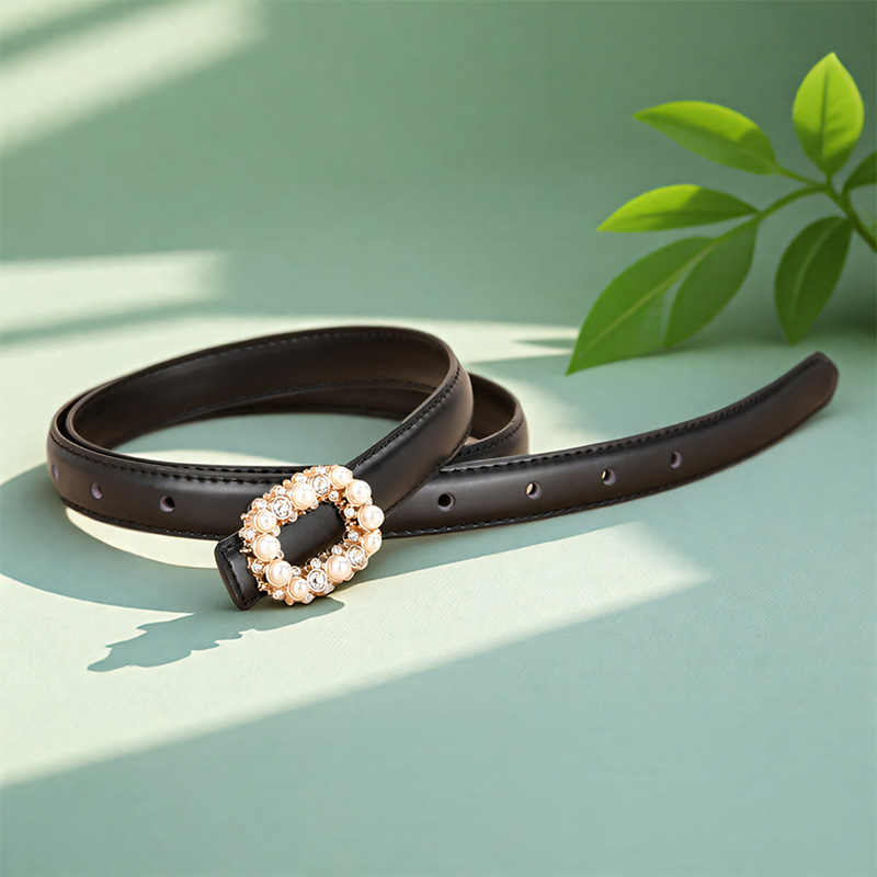 嘟卡丹黑色珍珠水钻真皮细腰带牛皮复古百搭皮带装饰配裙子牛仔裤