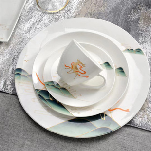 中式 酒店摆台陶瓷餐具五件套盘碗碟勺杯筷餐厅会所山水画餐具套装