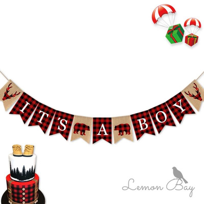 wildone红格子伐木工人It's a boy横幅 节日派对装饰批发