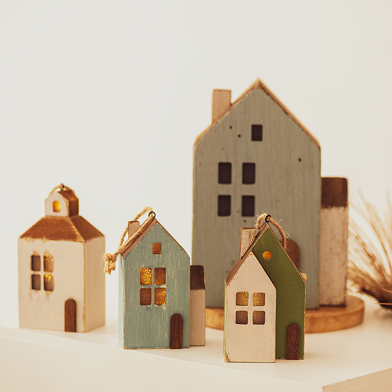 YBOX创意乡村田园木质小房子家居发光摆件挂饰圣诞装饰咖啡店礼物