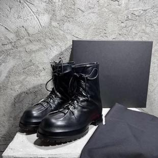 424新款褶皱暗黑高帮男鞋休闲鞋真皮厚底增高时尚系带马丁短靴子