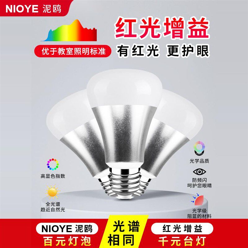 全光谱灯泡红光增益高显指e27螺口led防近视台灯学习专用护眼灯泡