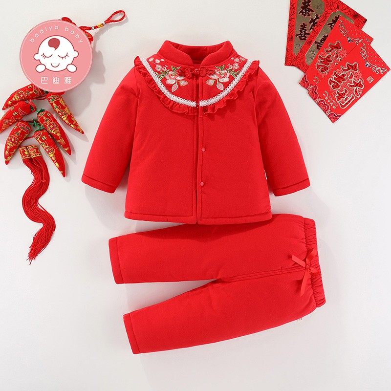 女宝宝一周岁宴礼服秋冬季女童套装汉服婴儿百天拜年过年新年衣服