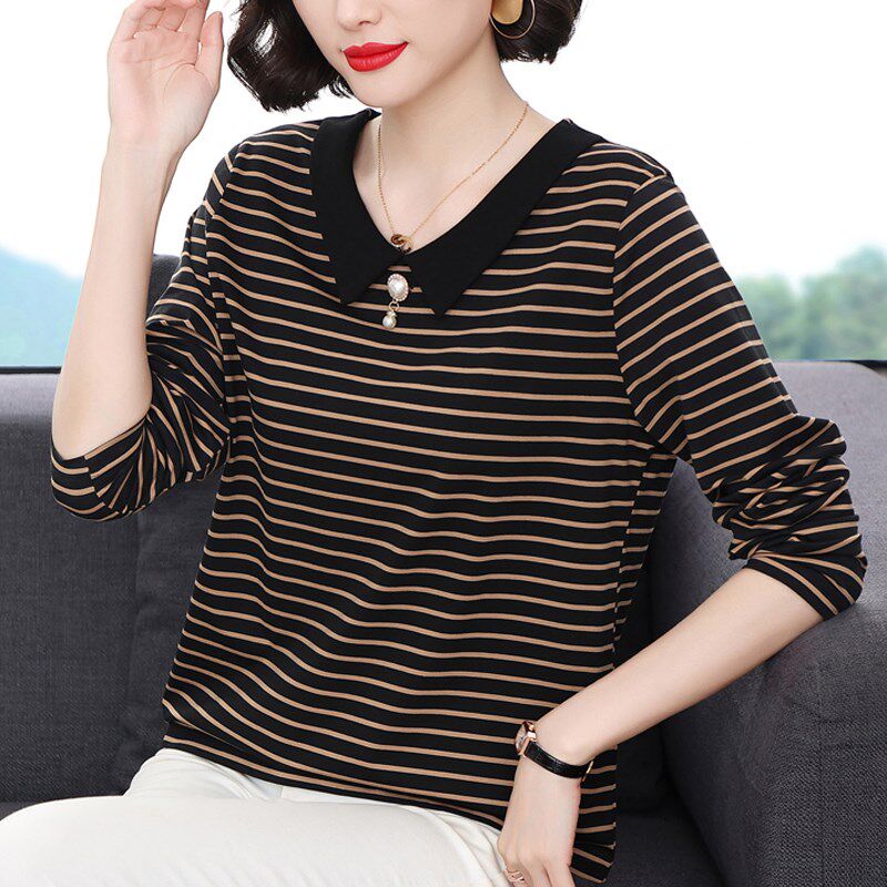 中老年妈妈春秋装新款时尚洋气翻领大码条纹上衣服纯棉长袖t恤女