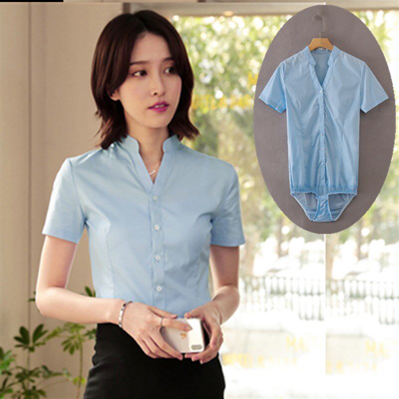 蓝色连体衬衫女空姐制服立领v领白衬衫长袖连裤衬衣面试职业工装