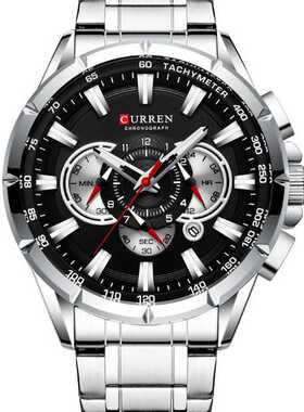 CURREN卡瑞恩8363男士七针多功能石英钢带表日历星期表防水WATCH