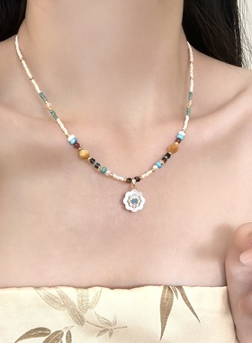 天然贝壳天然石太阳花串珠项链女