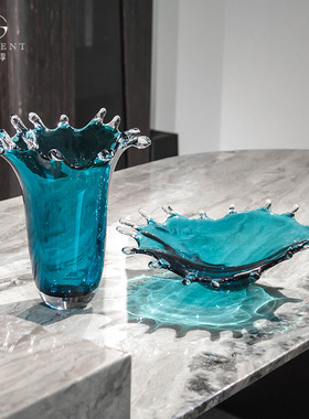 晶淳 半海系列 创意海蓝色水晶琉璃花瓶果盘套装 高档客餐厅软装