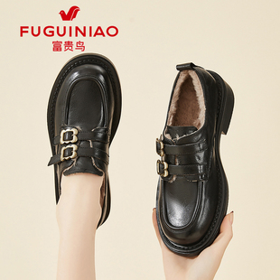 富贵鸟小皮鞋女鞋2026新款英伦风黑色鞋子乐福鞋厚底秋冬平底单鞋