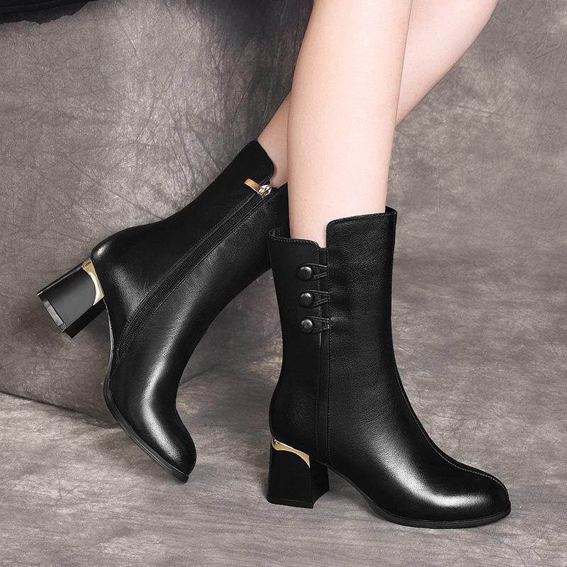 富贵鸟真皮中筒靴女2026新款秋冬加绒粗跟短靴冬季妈妈高跟马丁靴