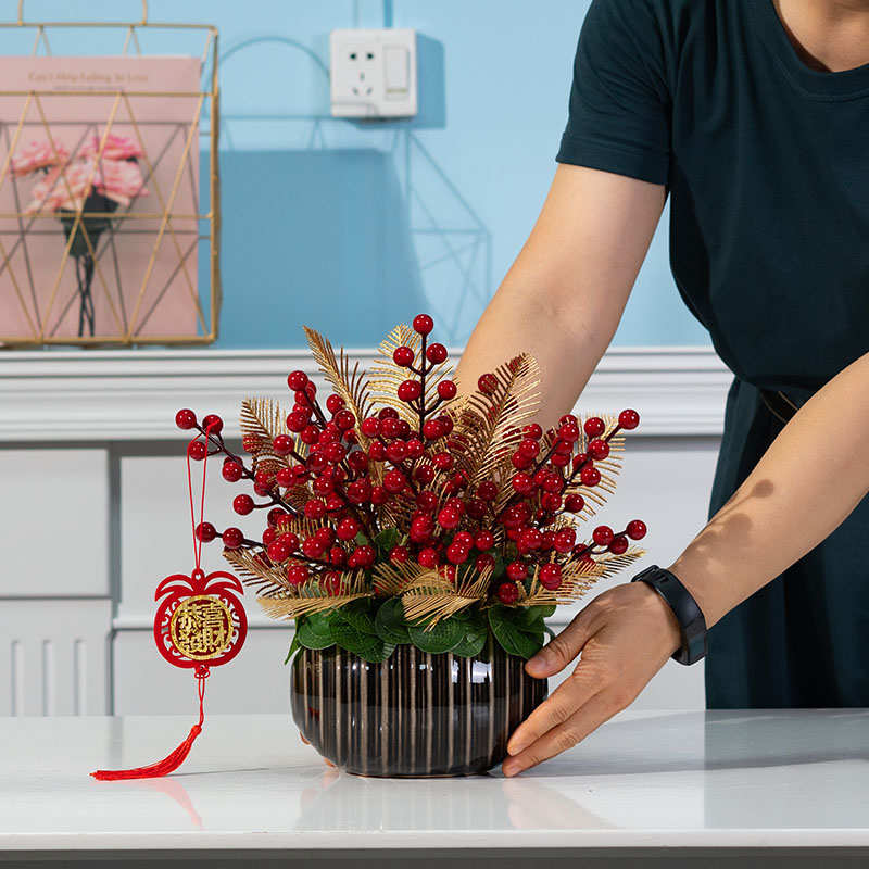 发财果仿真花客厅红果装饰插花高档餐桌花茶几摆件红色浆果摆设花