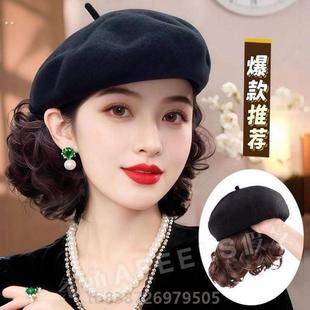 女士化疗後光头帽子假发一体女款新款波纹长卷复古冬帽防滑头发时