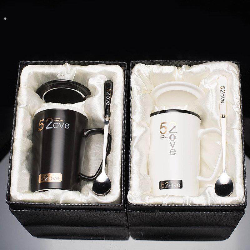 七夕情人节情侣款杯子一对马克杯男女生家用陶瓷杯带盖子勺水杯茶