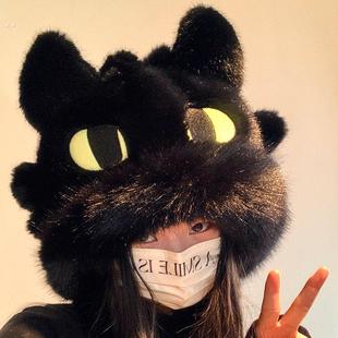 可爱黑色毛绒绒帽子女秋冬季加绒加厚保暖骑行护耳雷锋帽2025新款