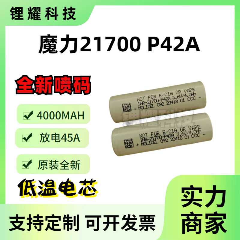魔力21700低温锂电池P42A4200mAh45A高倍率Moli21700P42A动力电芯
