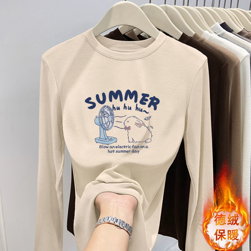 正肩圆领长袖T恤女设计感小众秋冬季德绒加厚内搭打底衫短款上衣