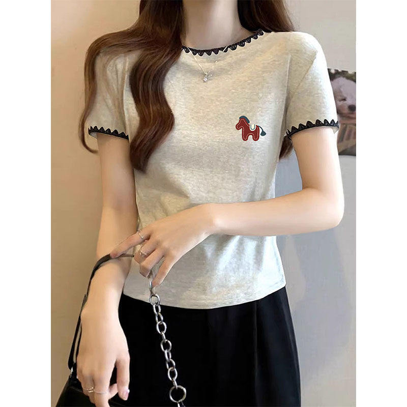 2026夏季新款欧货纯棉短袖T恤女设计感小众独特拼接花边打底上衣