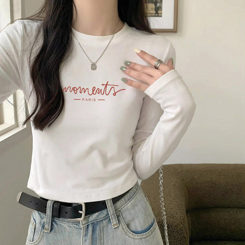 白色正肩显瘦打底上衣女春秋新款设计感小众短款内搭长袖t恤衫ins