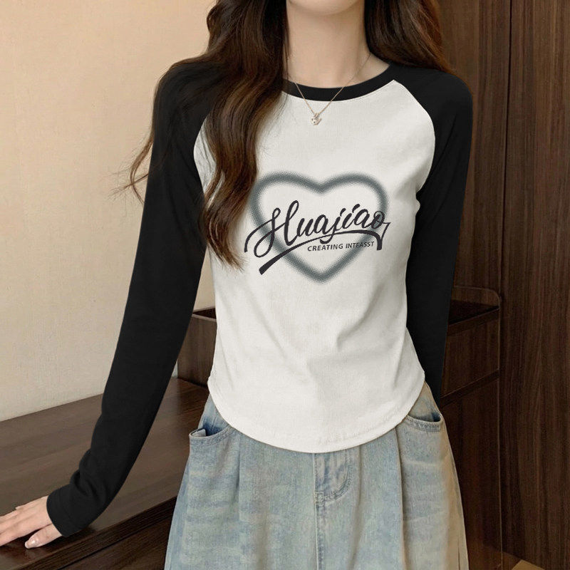 纯棉不规则长袖T恤女2026春秋新款撞色显瘦内搭正肩短款打底上衣