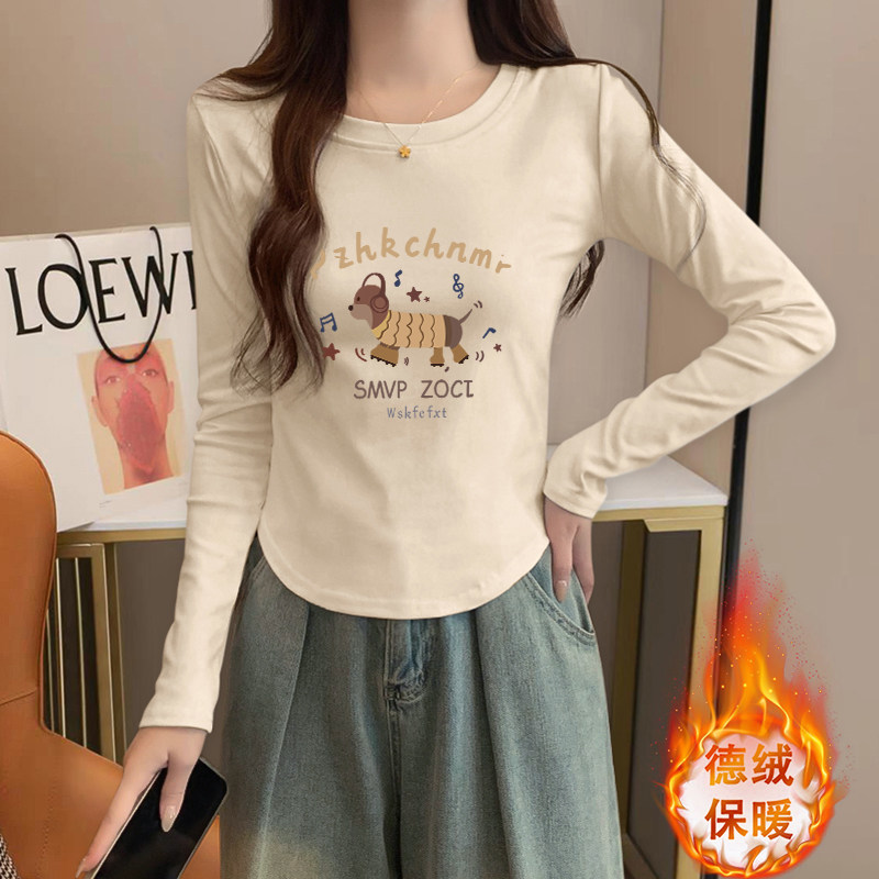 正肩长袖t恤女秋冬新款小个子高腰显瘦打底衫德绒加厚内搭上衣