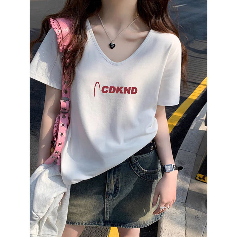 V领短袖T恤女夏季新款2025爆款宽松显瘦百搭打底简约白色上衣