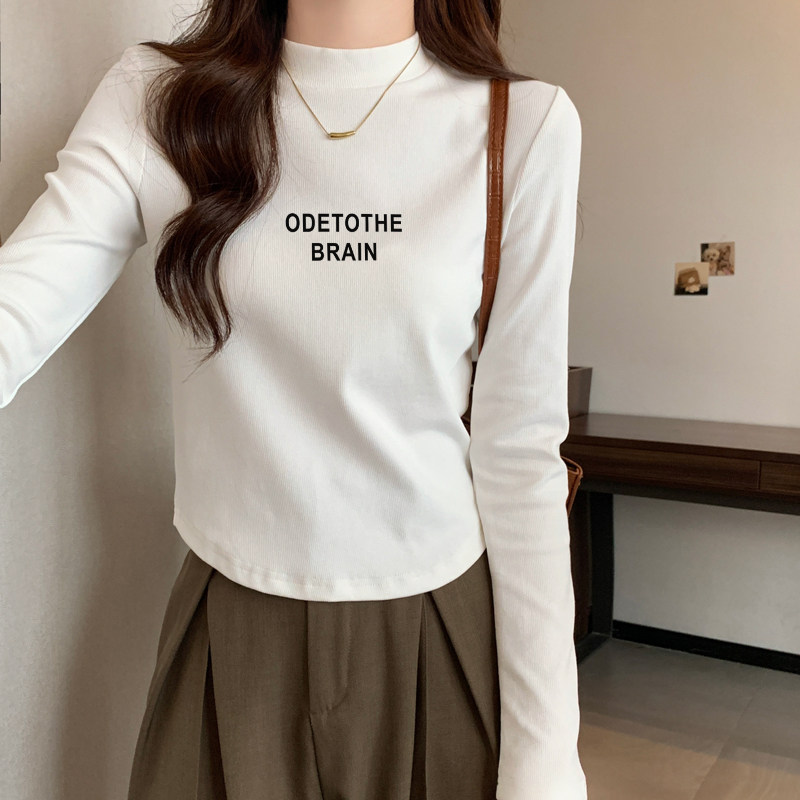 ins简约白色半高领磨毛短款长袖T恤女秋冬季韩系小个子打底衫上衣