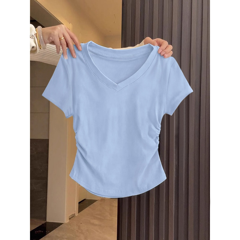 v领短袖t恤女正肩修身收腰体恤2026夏季新款卡腰小衫漂亮短款上衣